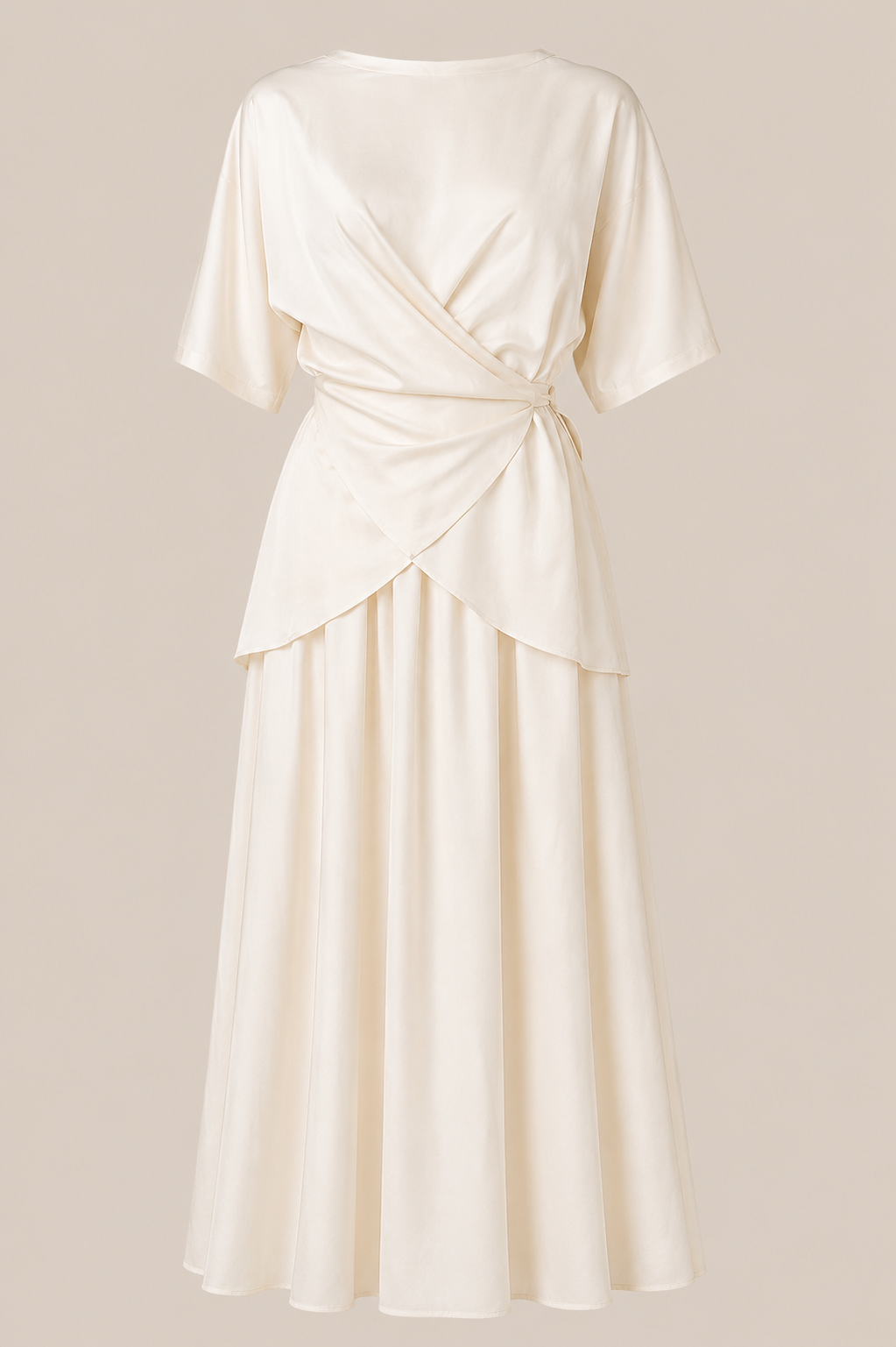 White dress with a draped design on a beige background