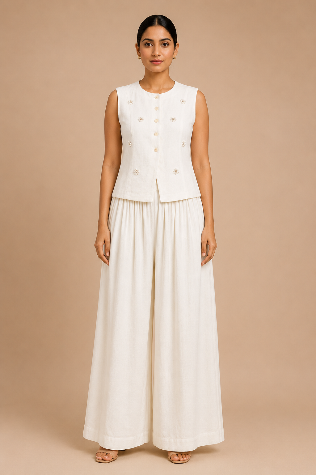 Woman wearing a white sleeveless top and long skirt against a beige background