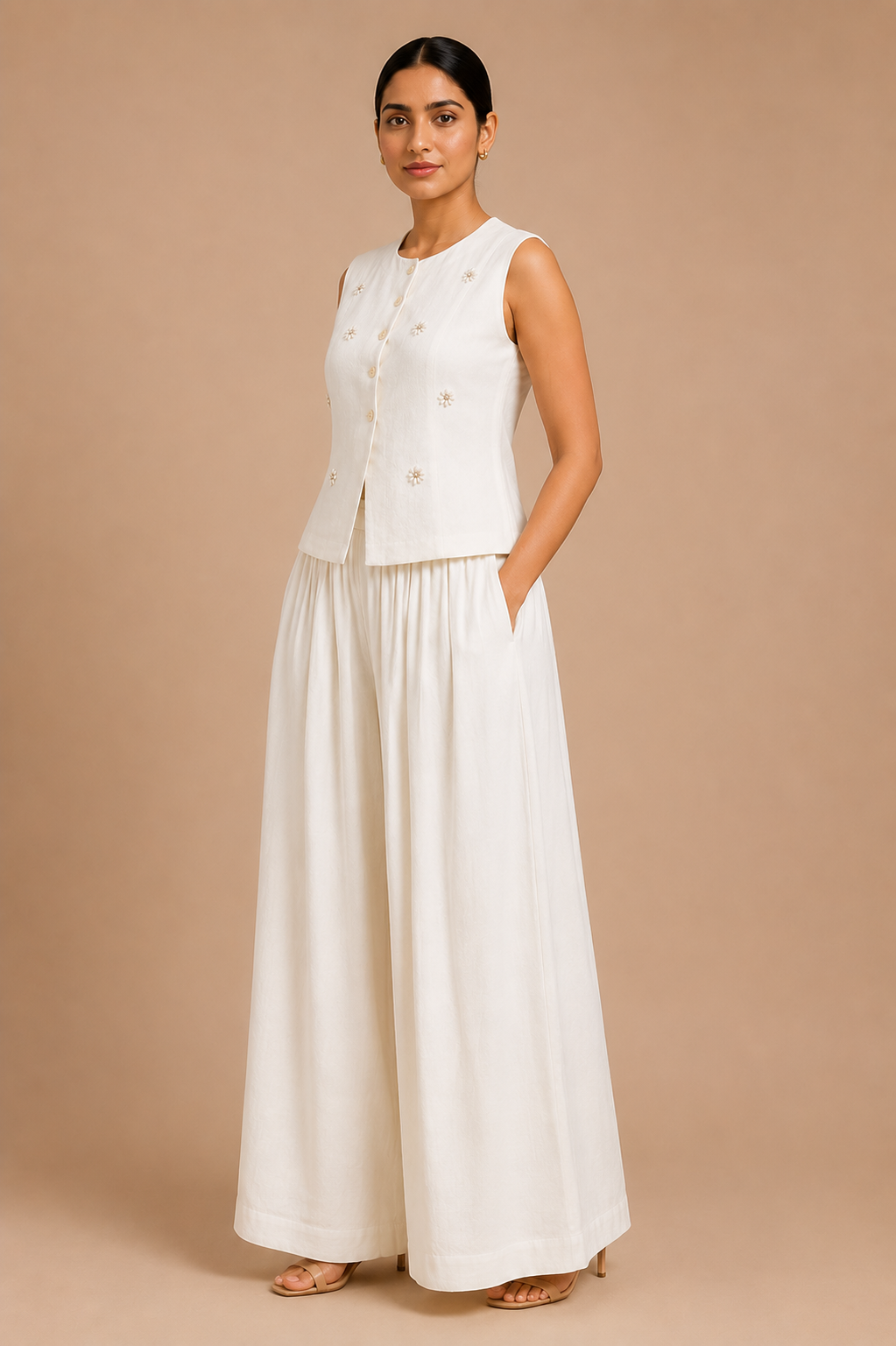 Woman wearing a white sleeveless top and long skirt against a beige background