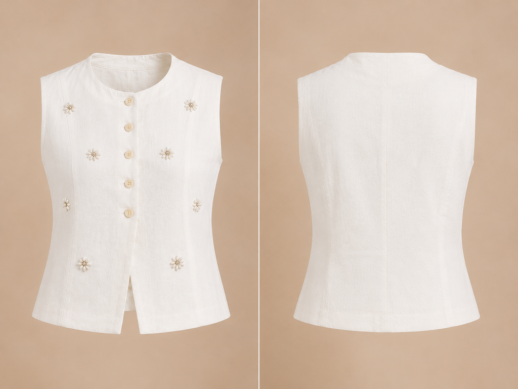 White vest with floral embellishments on a beige background