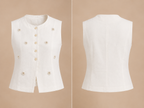 White vest with floral embellishments on a beige background