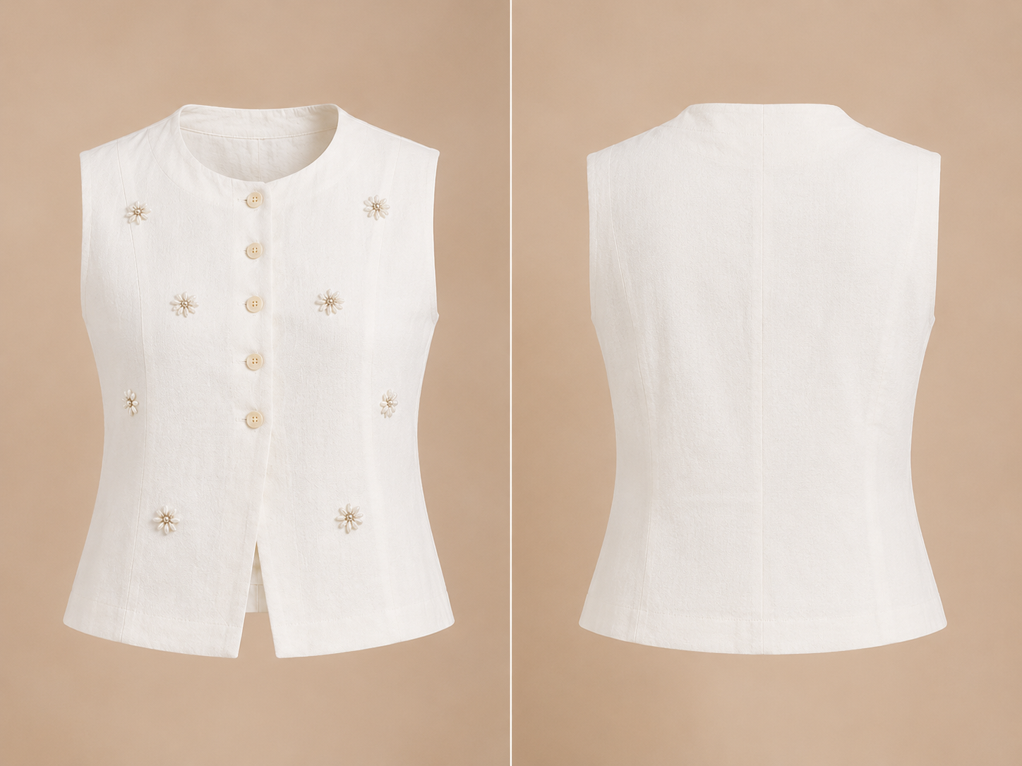 White vest with floral embellishments on a beige background