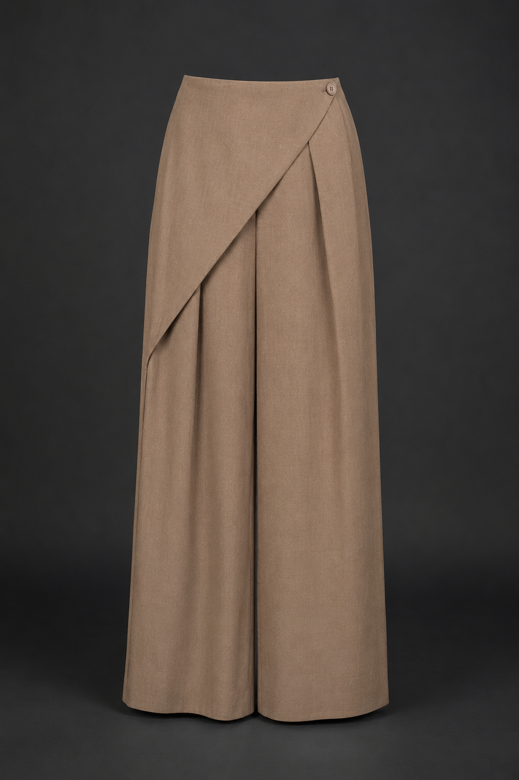 Beige wide-leg pants with a draped front panel on a black background
