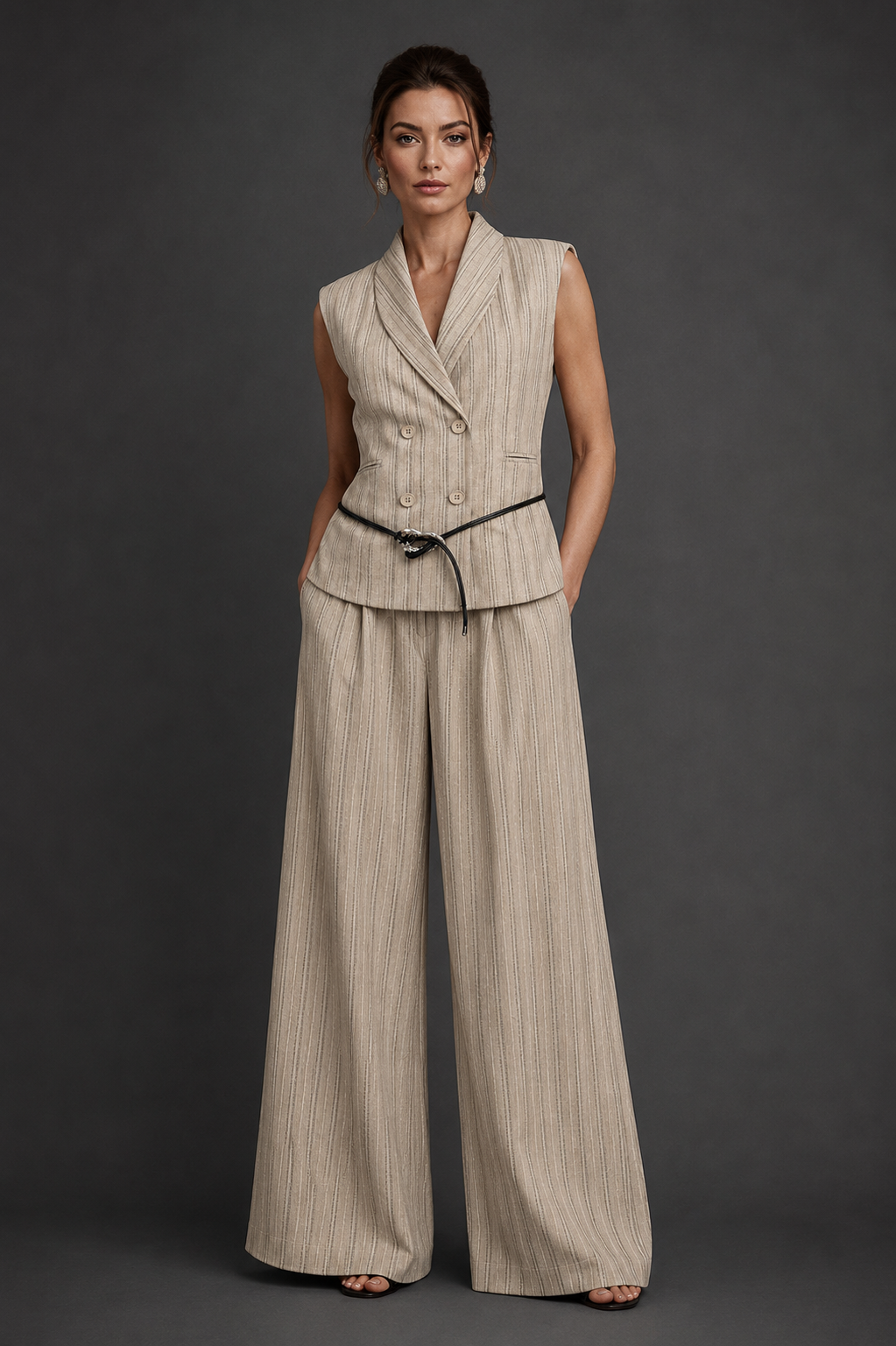 Woman wearing a beige pinstripe suit against a dark background