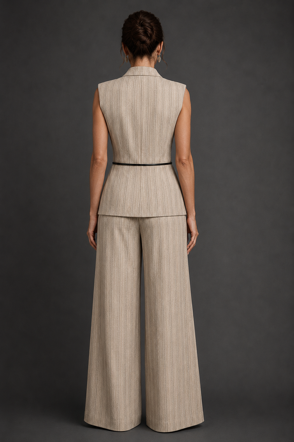 Woman wearing a beige pinstripe suit against a dark gray background