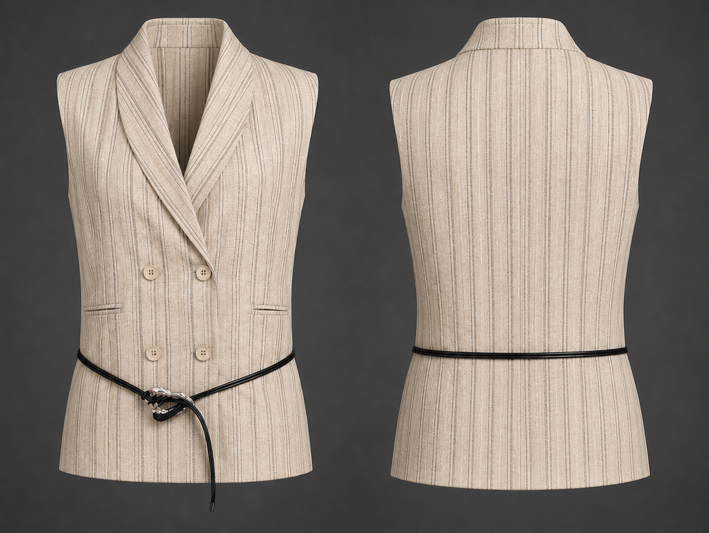 Beige pinstripe vest shown from front and back on a dark background