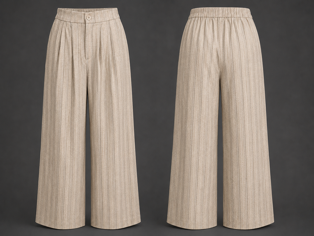 Pair of beige pleated pants on a dark gray background
