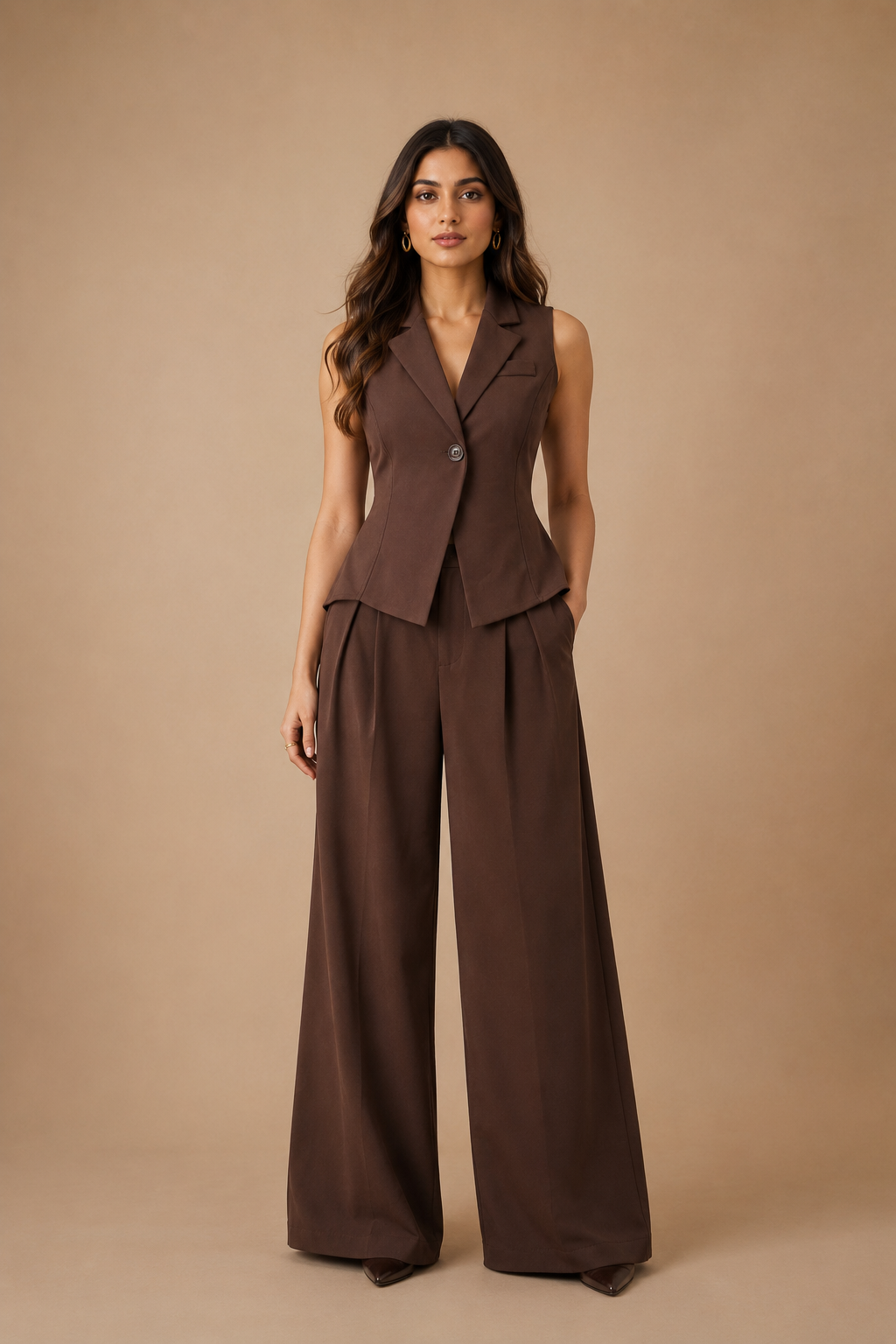 Woman wearing a brown suit against a beige background