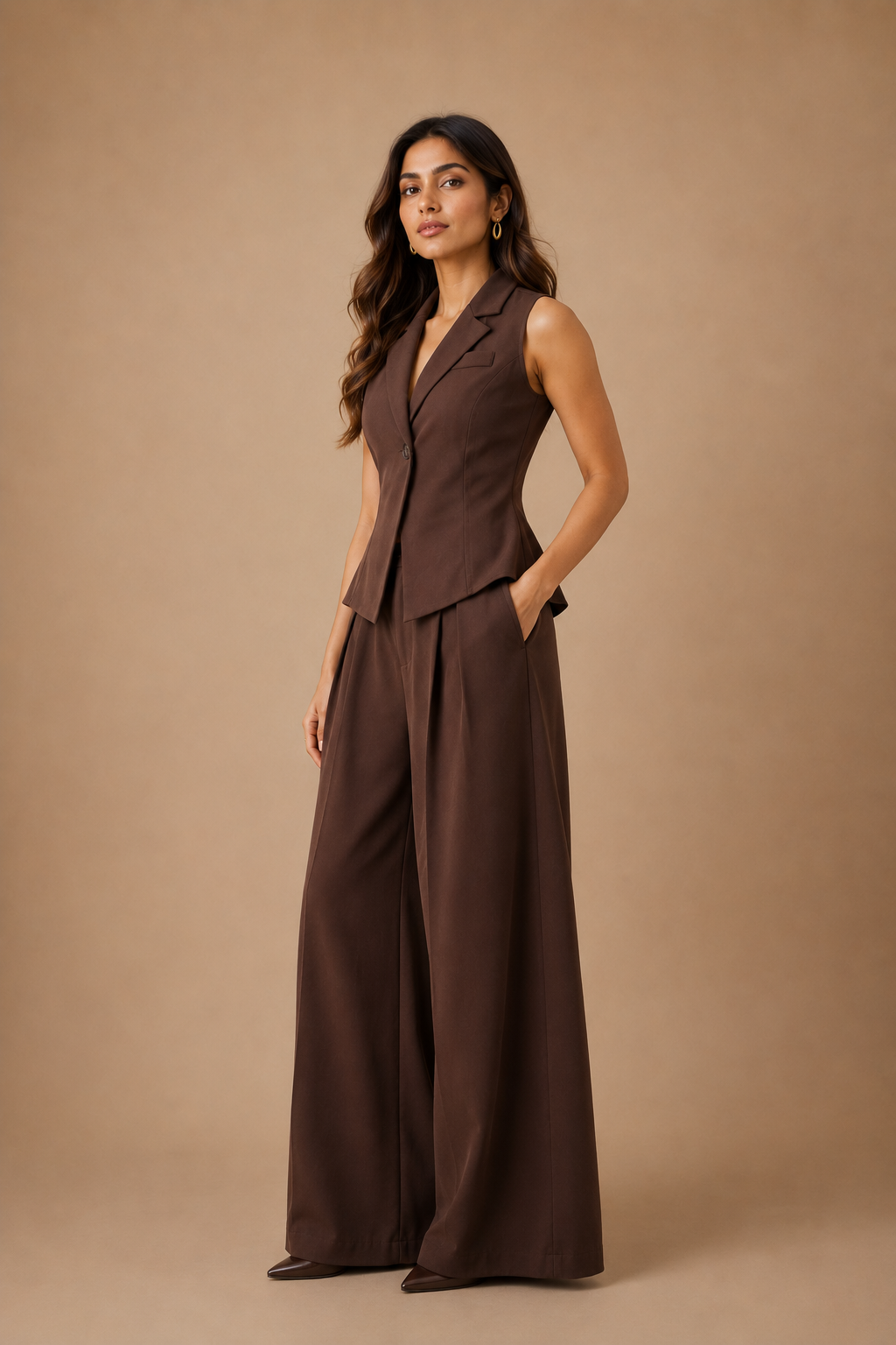Woman wearing a brown sleeveless blazer and wide-leg pants against a beige background