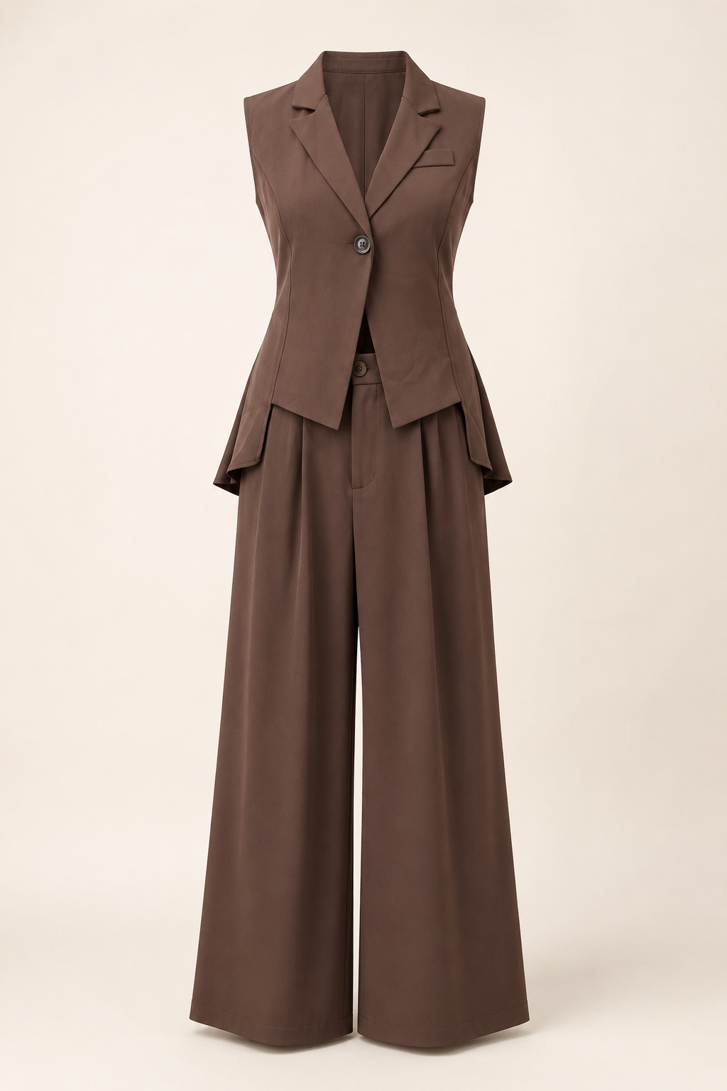 Brown suit with vest and wide-leg pants on a beige background