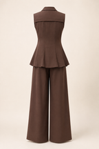 Brown peplum top and wide-leg pants on a beige background