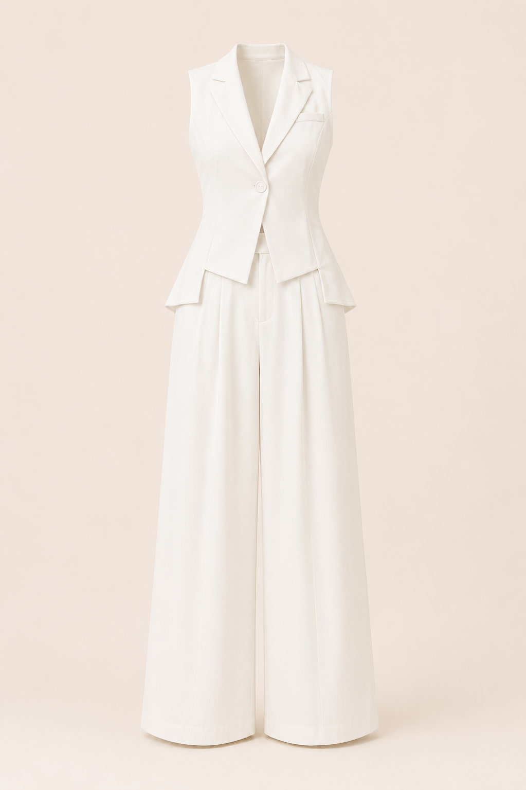 White jumpsuit on a light pink background