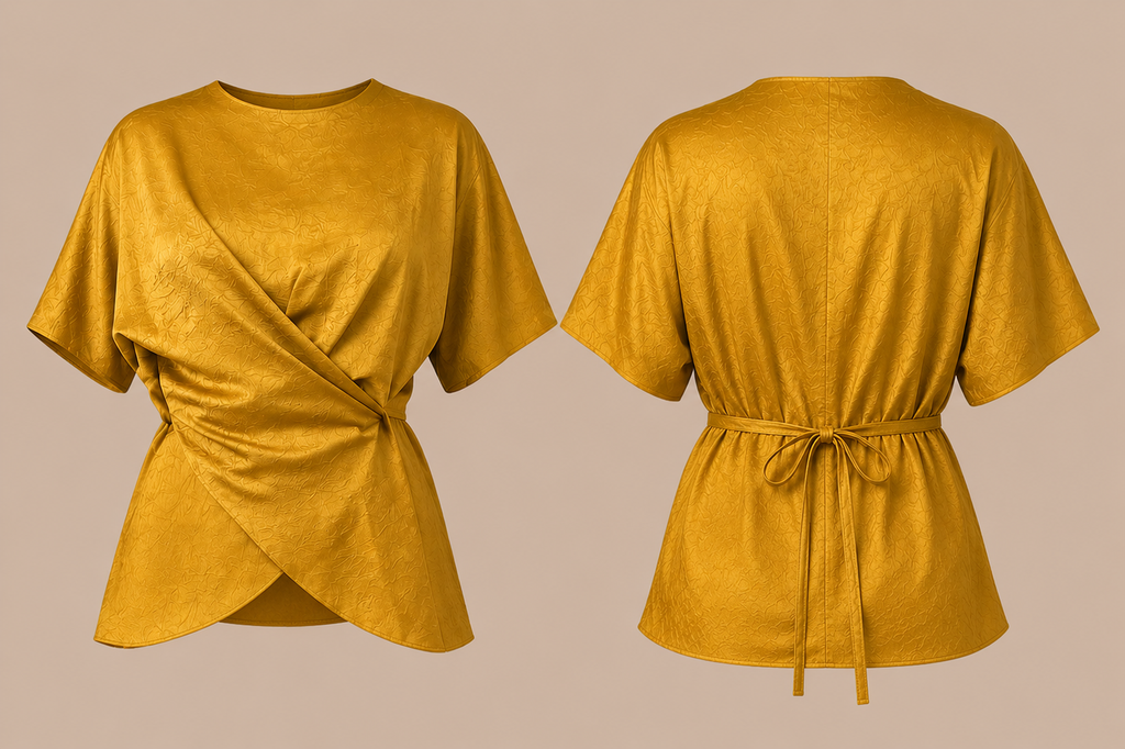 Mustard yellow top with a front knot and tie waist on a beige background