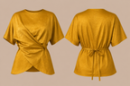 Mustard yellow top with a front knot and tie waist on a beige background