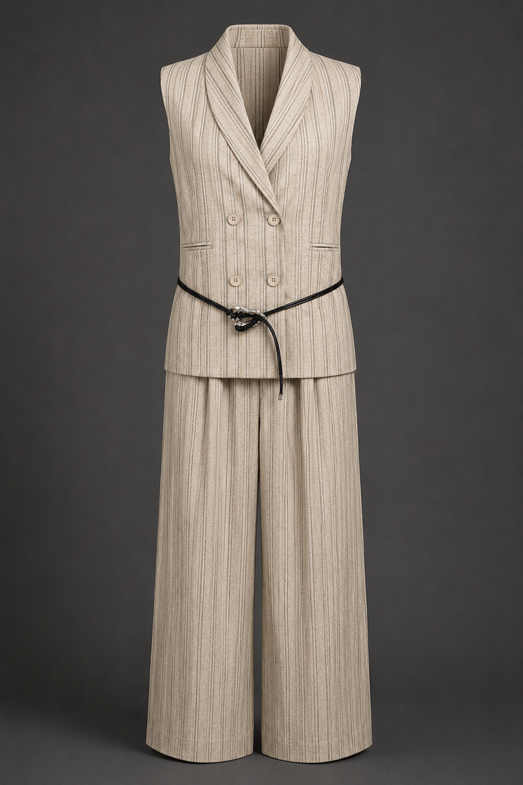 Beige pinstripe suit with vest and wide-leg pants on a dark gray background