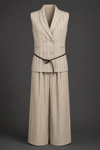 Beige pinstripe suit with vest and wide-leg pants on a dark gray background