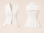 White blazer and white peplum top on a beige background