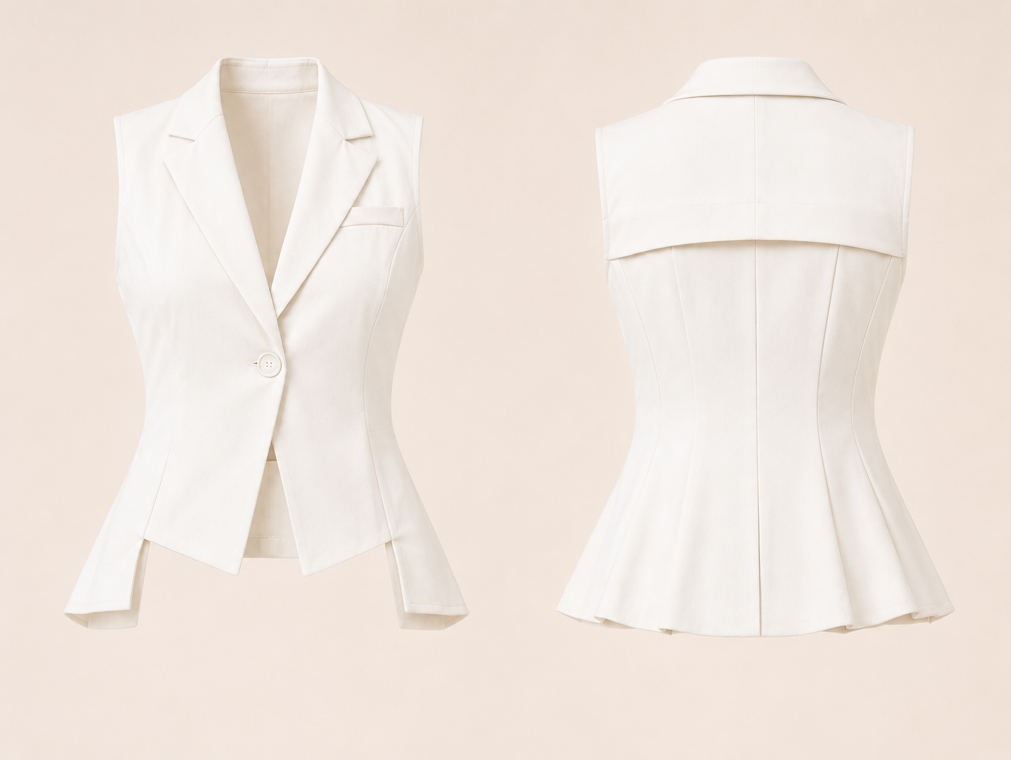 White blazer and white peplum top on a beige background