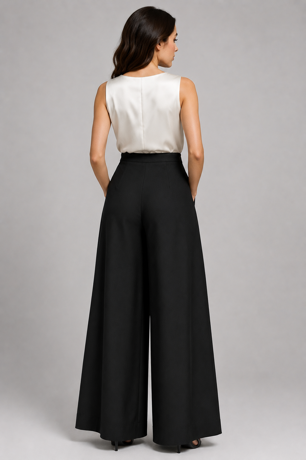 Woman wearing a white sleeveless top and black wide-leg pants on a gray background