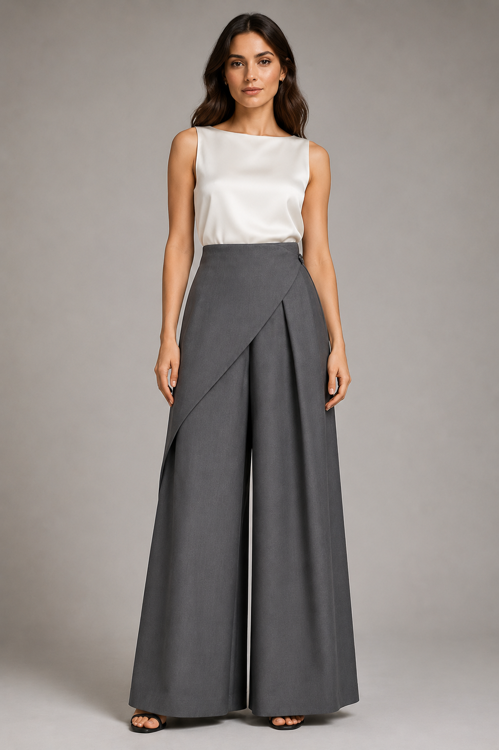 Woman wearing a white top and gray wide-leg pants on a plain background