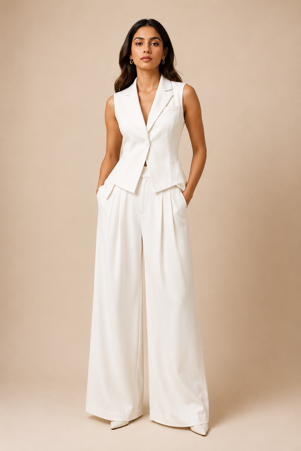 Woman wearing a white sleeveless blazer and wide-leg pants against a beige background