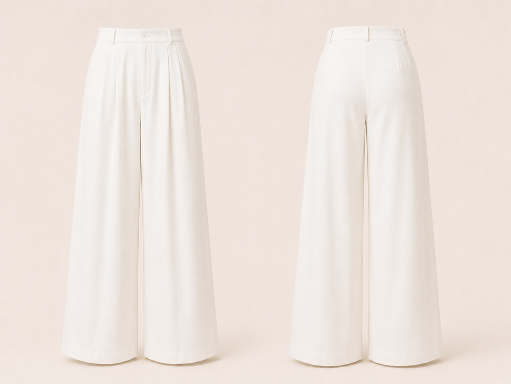 Two white wide-leg pants on a beige background