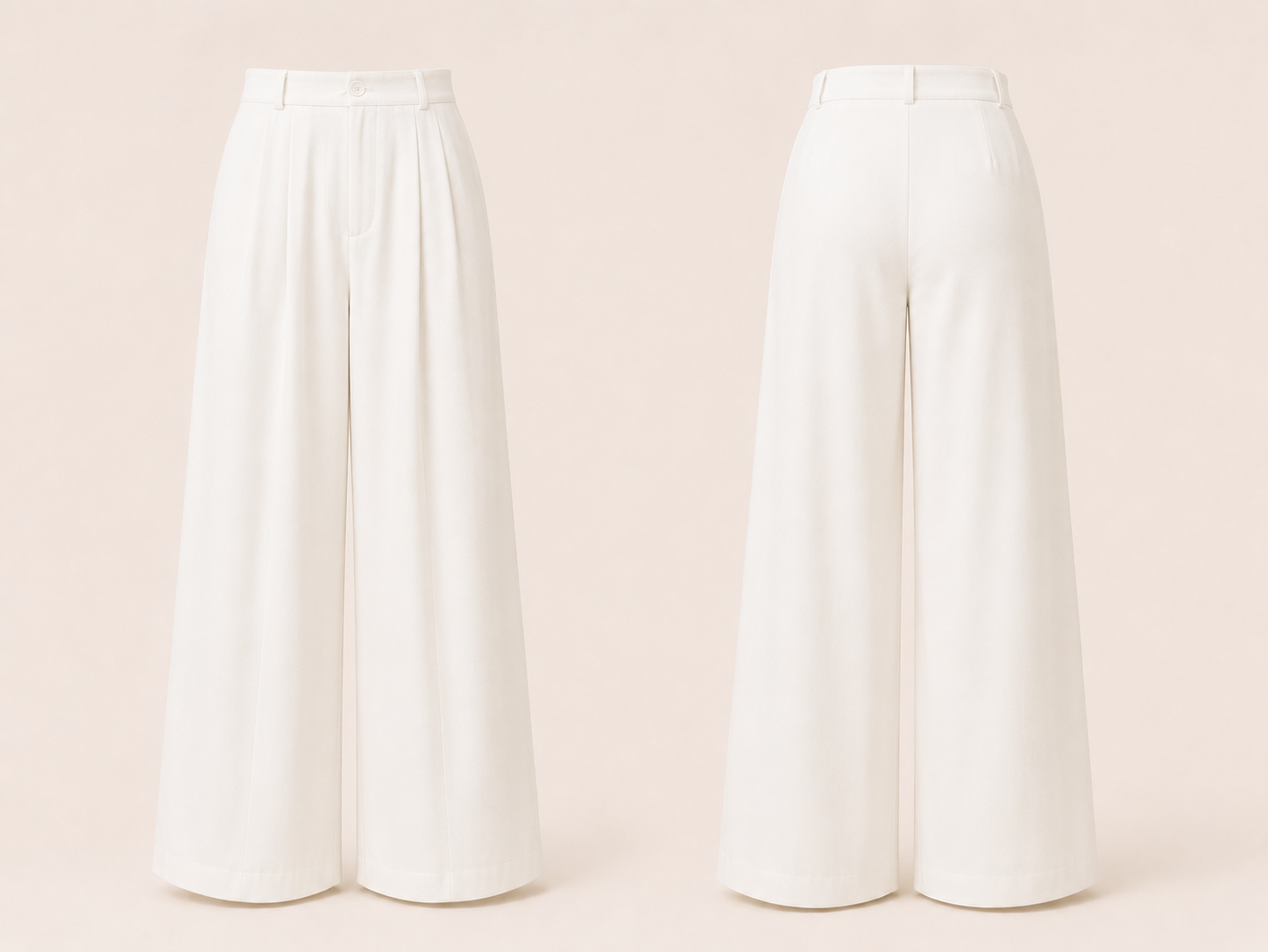 Two white wide-leg pants on a beige background