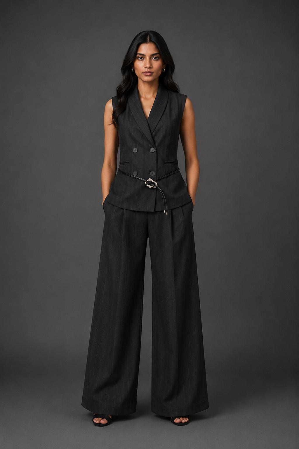 Woman wearing a black vest and wide-leg pants against a gray background