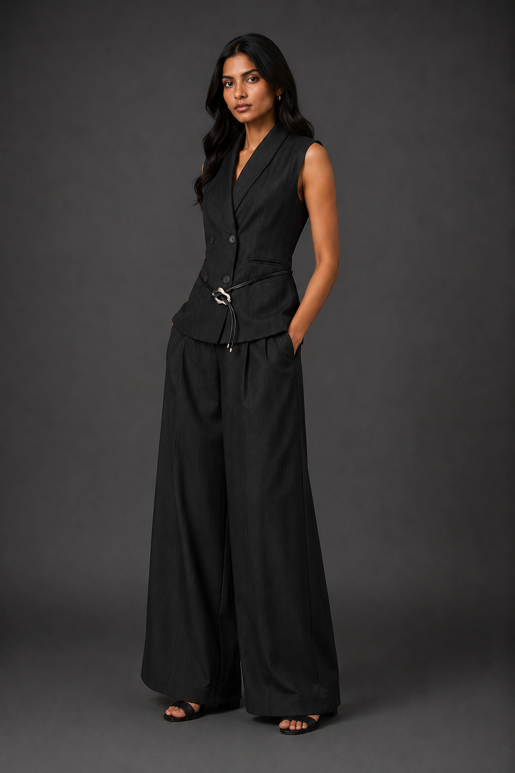Woman wearing a black sleeveless blazer and wide-leg pants against a dark background
