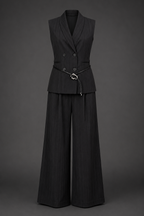 Black vest and wide-leg pants set on a gray background