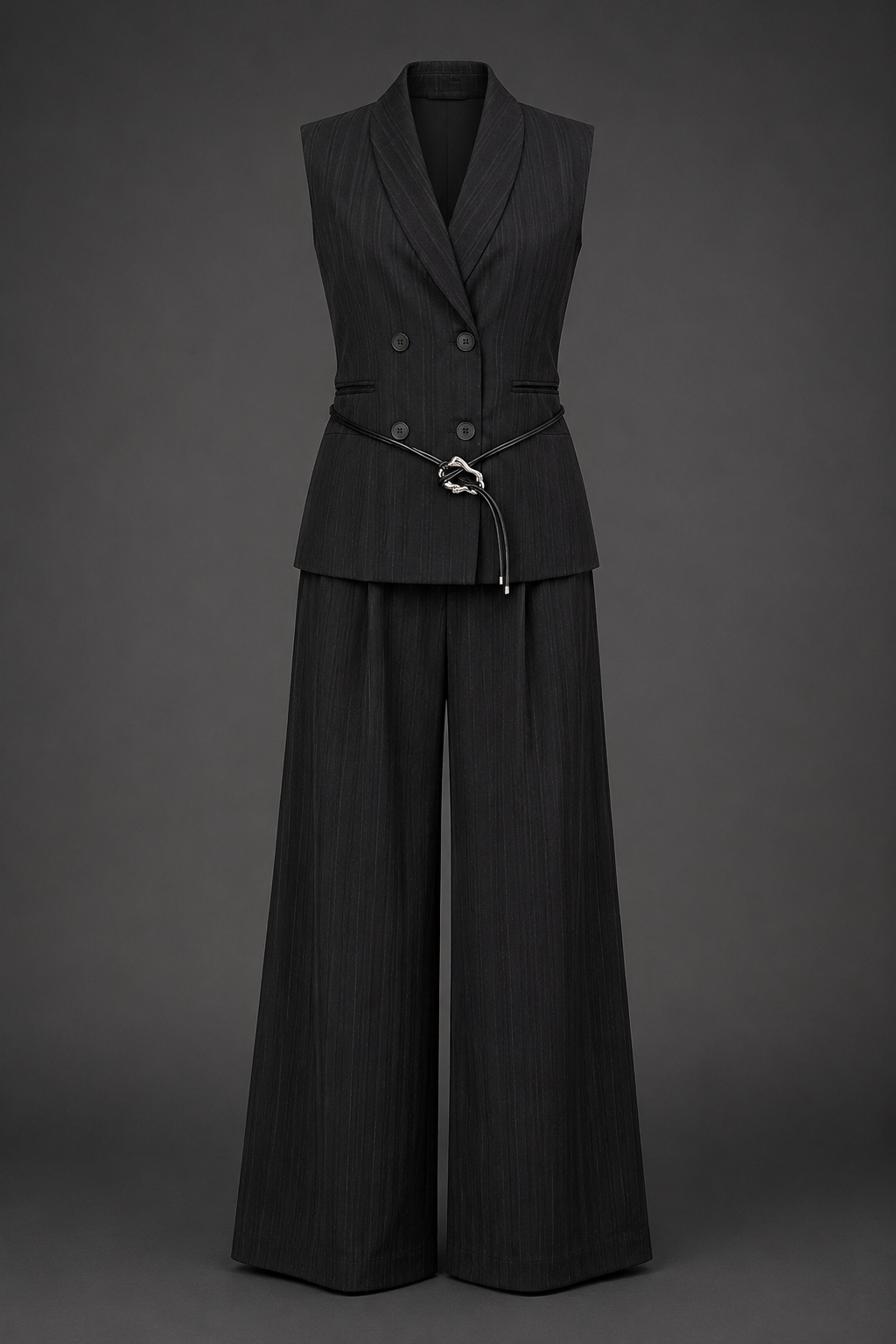 Black vest and wide-leg pants set on a gray background