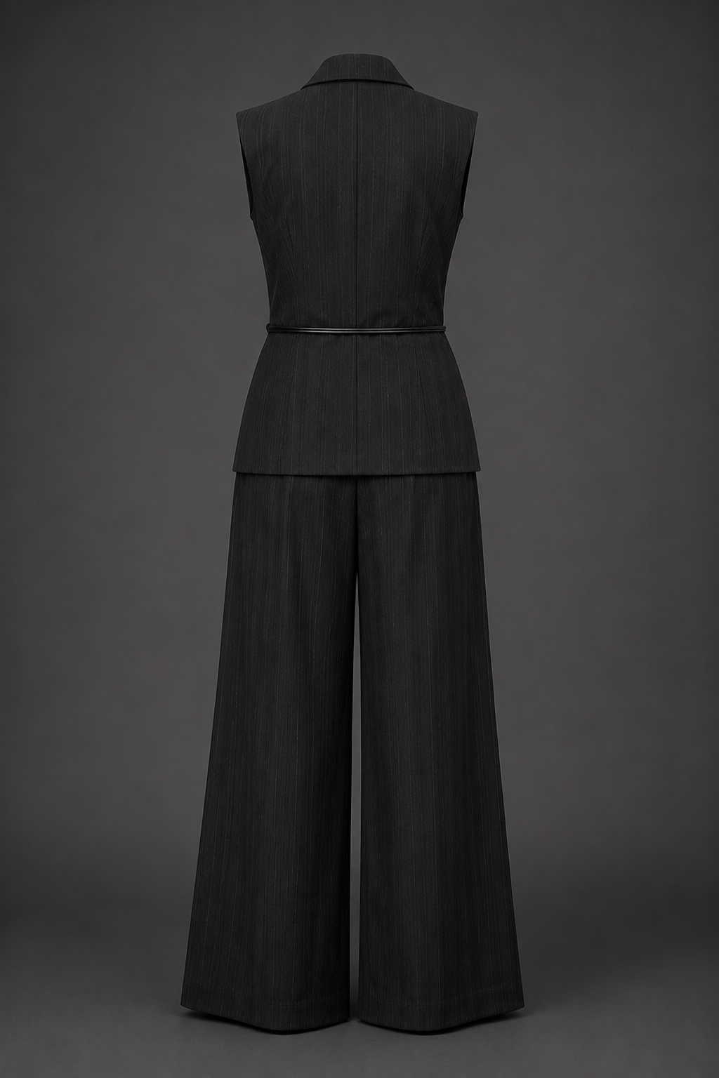 Black sleeveless top and wide-leg pants set on a gray background
