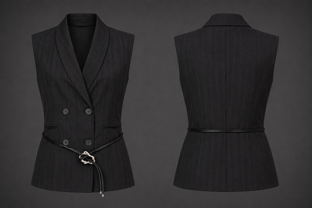 Black pinstripe vest on a mannequin against a dark background