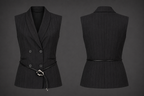 Black pinstripe vest on a mannequin against a dark background