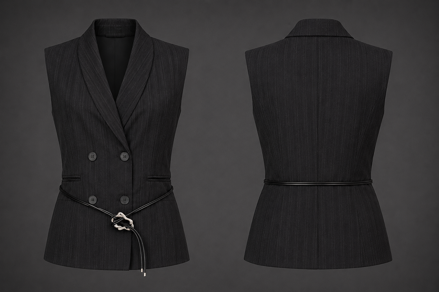 Black pinstripe vest on a mannequin against a dark background