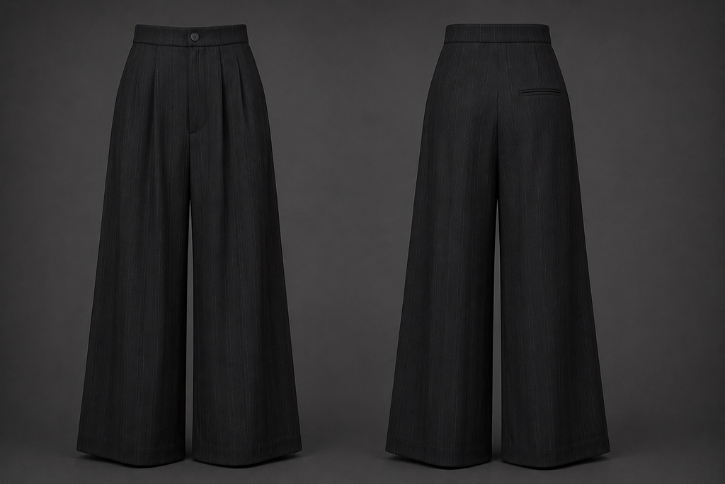 Two pairs of black wide-leg pants on a gray background