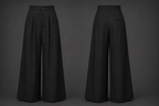 Two pairs of black wide-leg pants on a gray background
