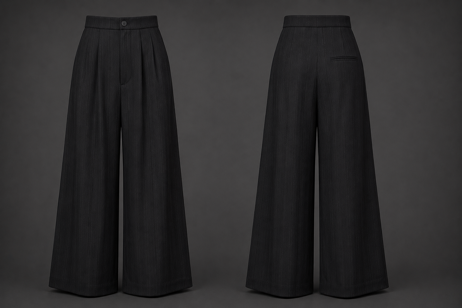Two pairs of black wide-leg pants on a gray background