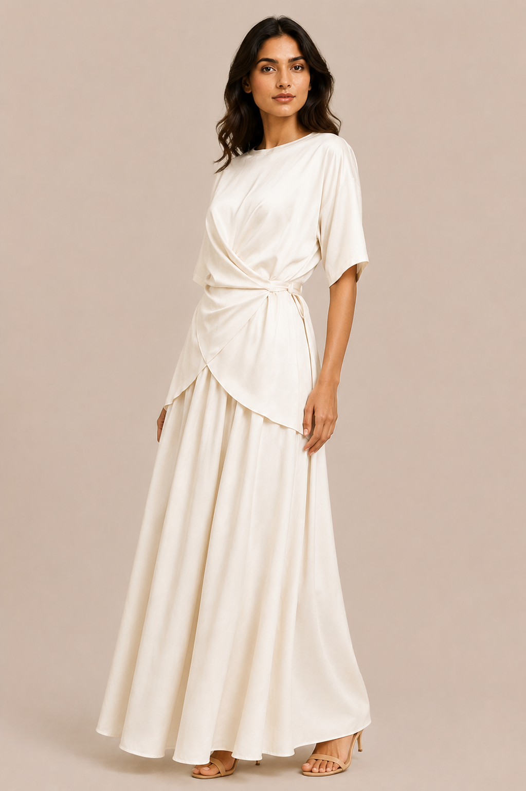 Woman wearing a white dress against a beige background