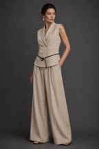 Woman wearing a beige pinstripe suit against a dark background