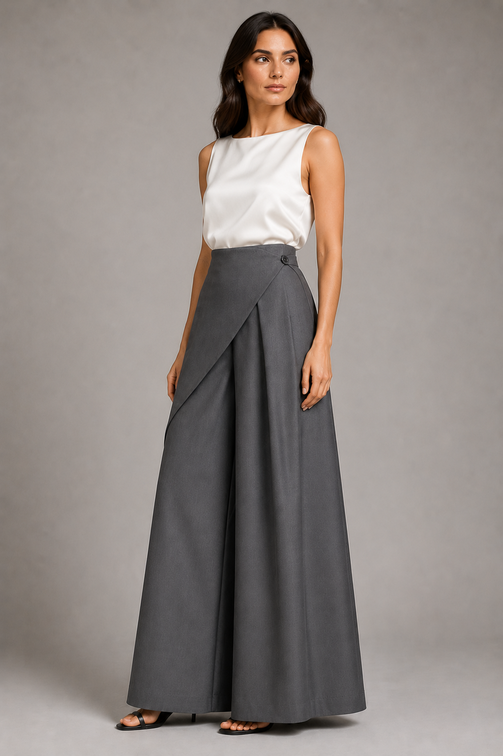 Woman wearing a white top and gray skirt against a plain background