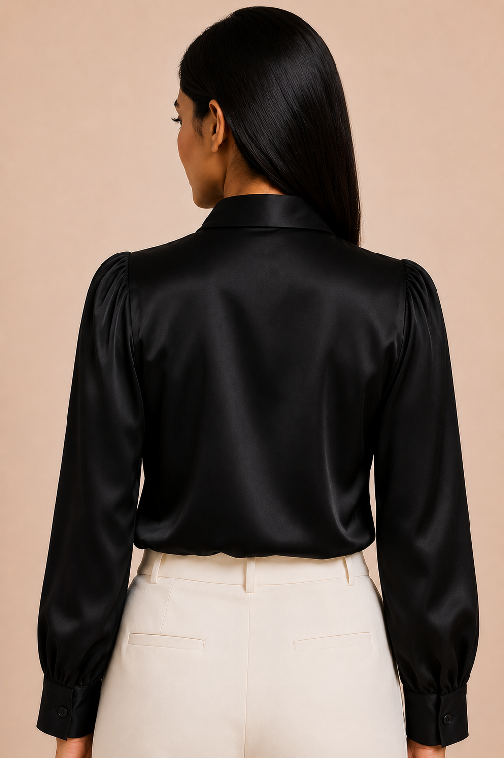 Person wearing a black satin blouse with long sleeves on a beige background