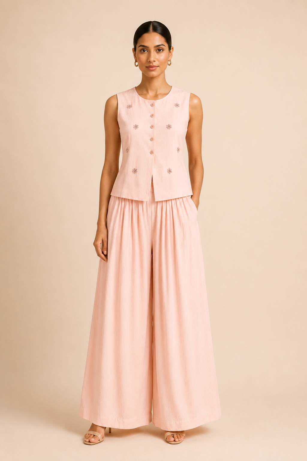 Woman wearing a light pink sleeveless top and wide-leg pants on a beige background