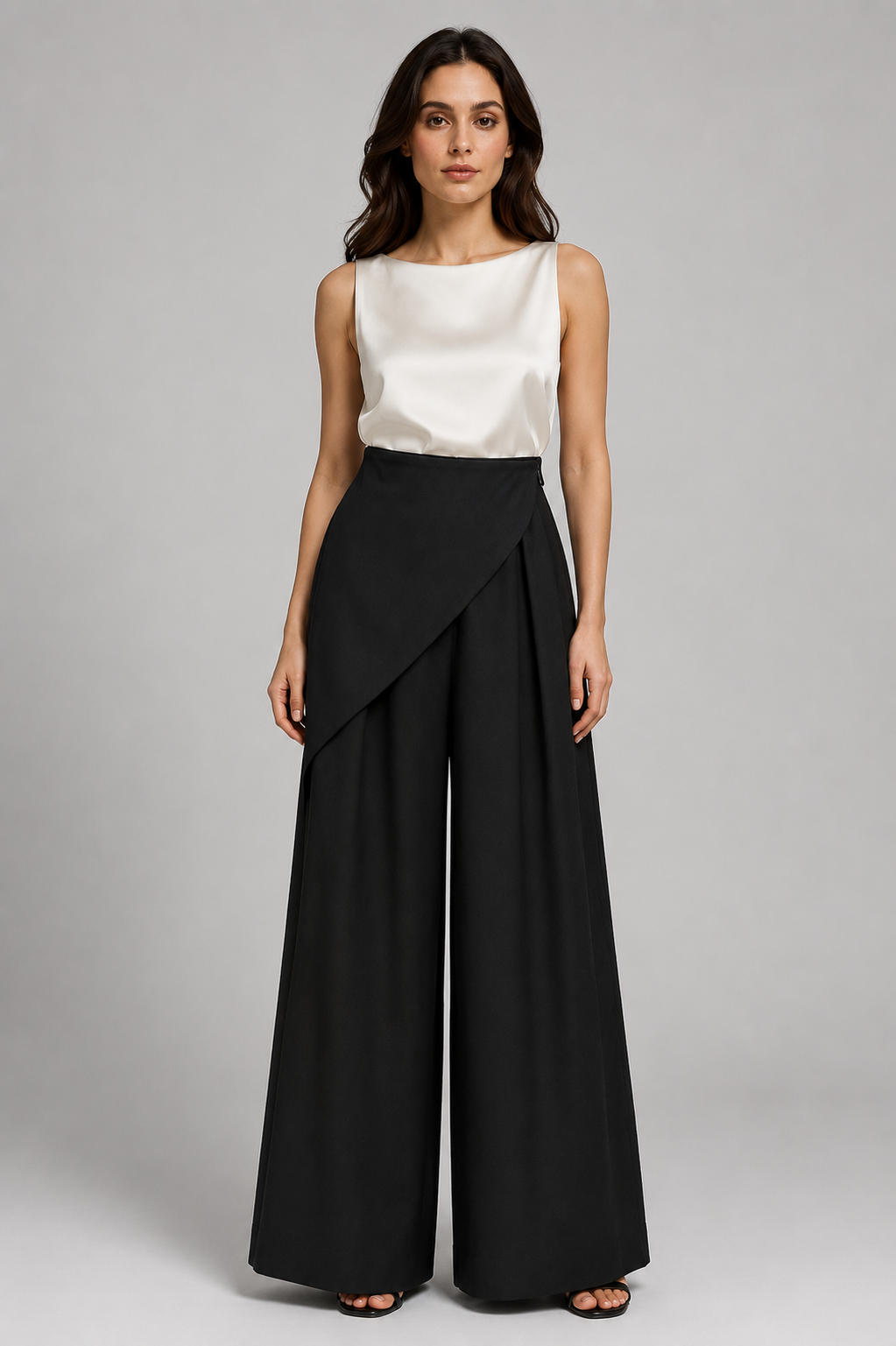 Woman wearing a white sleeveless top and black wide-leg pants on a gray background