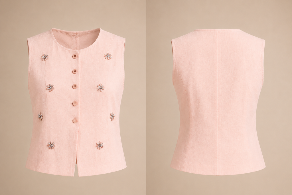 Pink vest with floral embellishments on a beige background