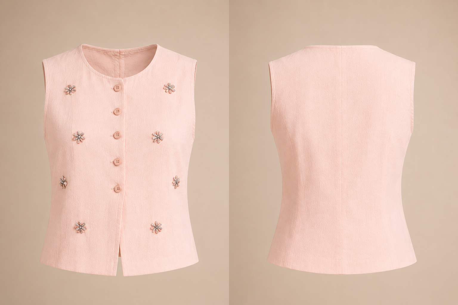 Pink vest with floral embellishments on a beige background