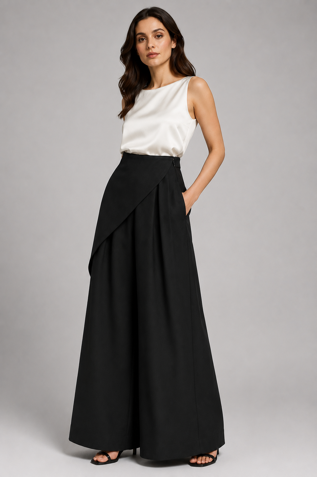 Woman wearing a white sleeveless top and black wide-leg pants on a gray background