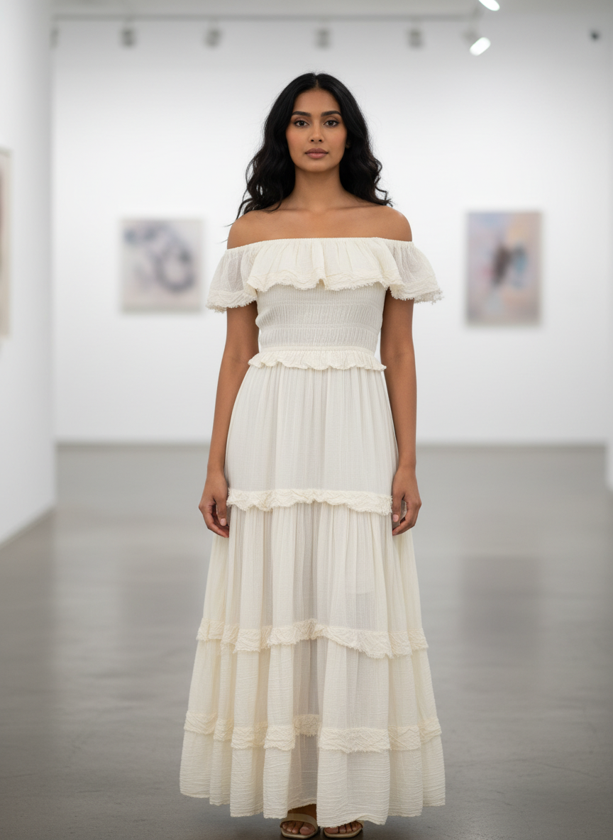 Woman wearing a white off-shoulder dress in an indoor setting