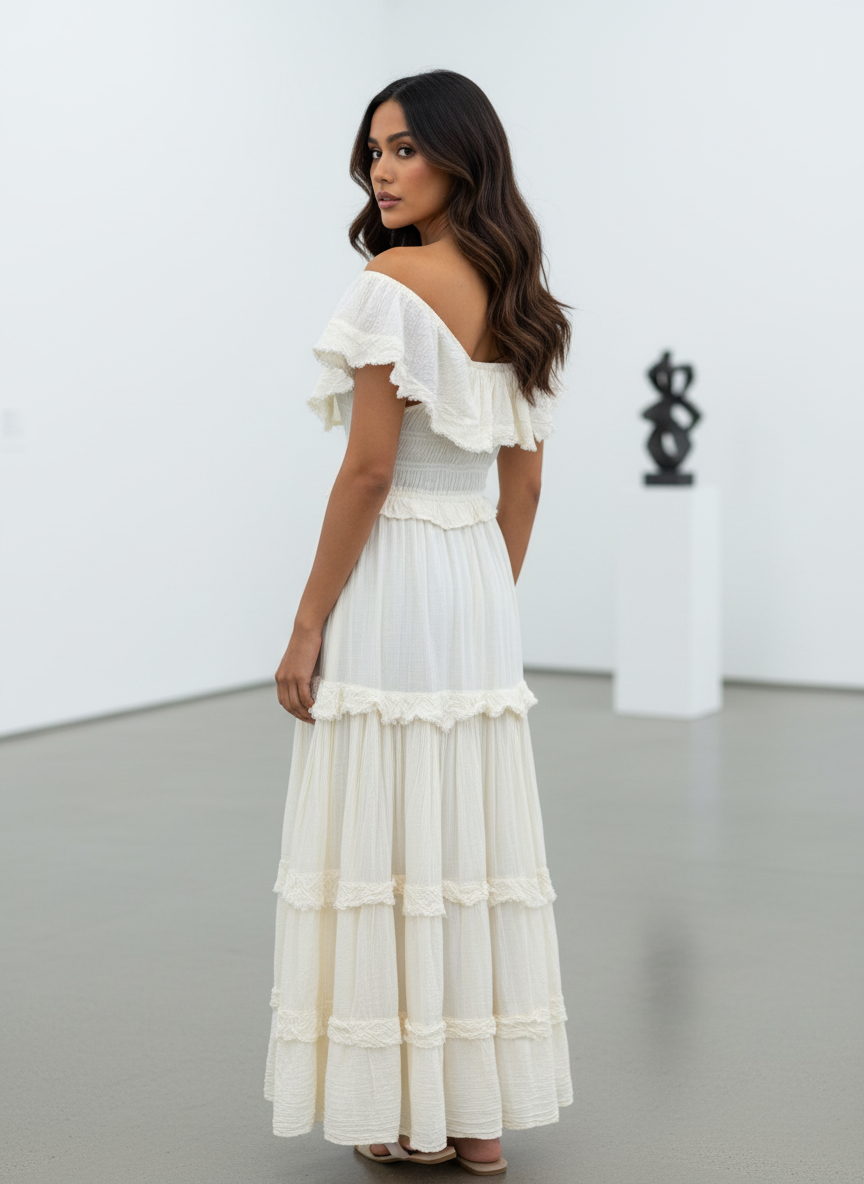 Woman wearing a white ruffled dress in an indoor setting