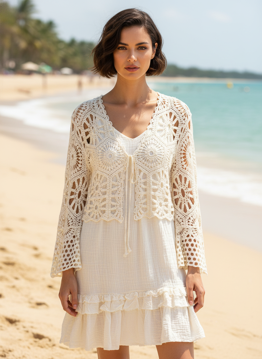 Woman wearing a white crochet cover-up on a beach